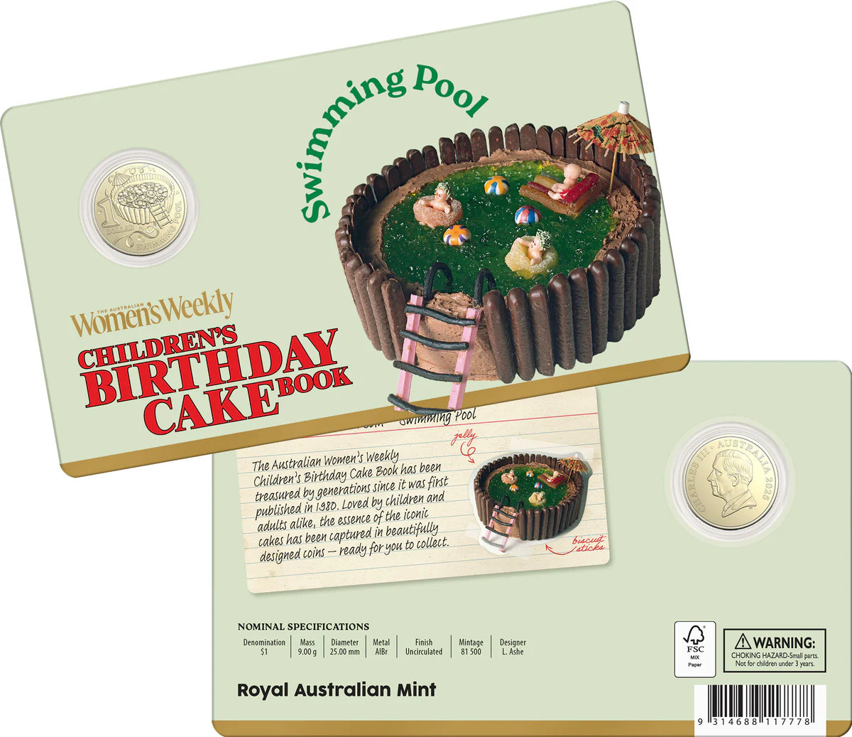 AWW Birthday Cake Swimming Pool 2025 $1 Uncirculated Coin in Card AWW Birthday Cake Swimming Pool 2025 $1 Uncirculated Coin in Card